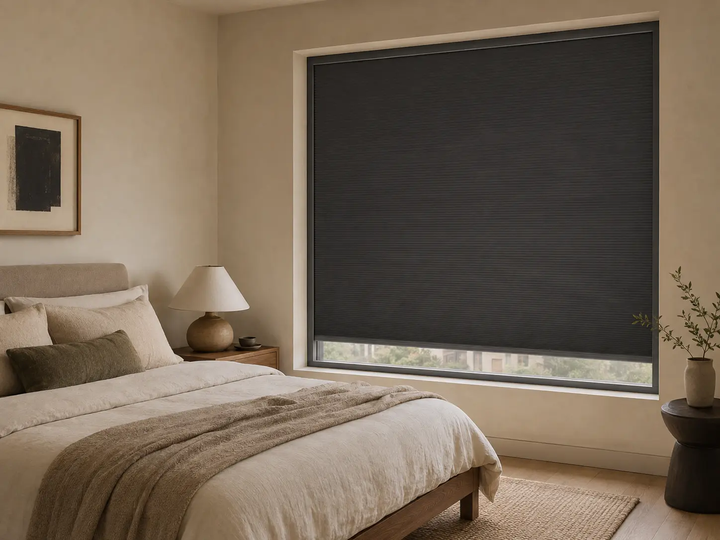 Warm apartment bedroom with a renter-conscious fitted blackout shade