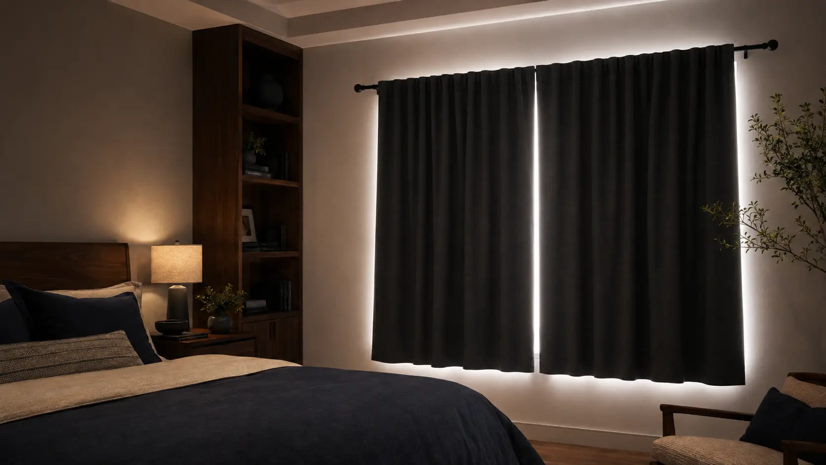 Same bedroom with blackout curtains allowing daylight around their edges and center split