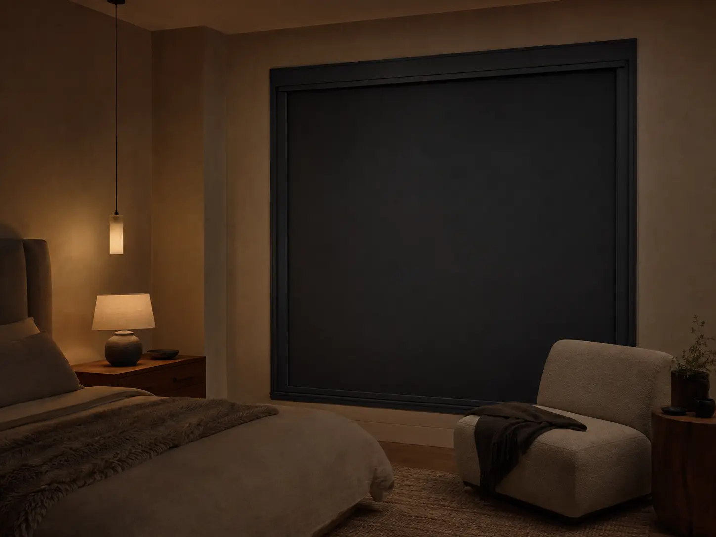Quiet recovery room with a fitted blackout shade and restrained edge light