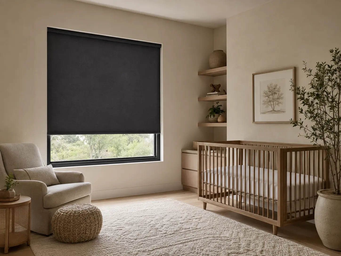 Calm nursery with a custom-fitted blackout window covering